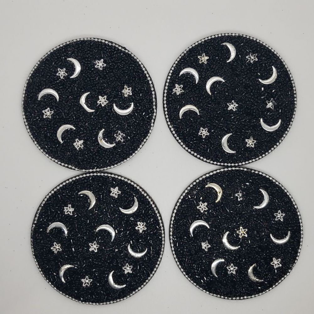 Moon and stars beaded coaster set with holder